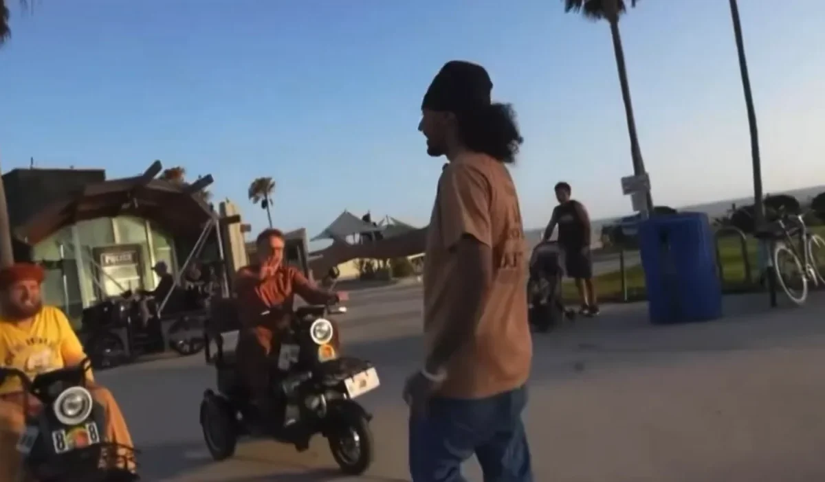 Yung Mooch interrupts Jonah Hill and Seth Rogen in the middle of set while they are filming a scene for The Studio in Venice