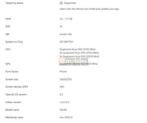 vivo X500 E's design and key specs revealed through Google Play ...