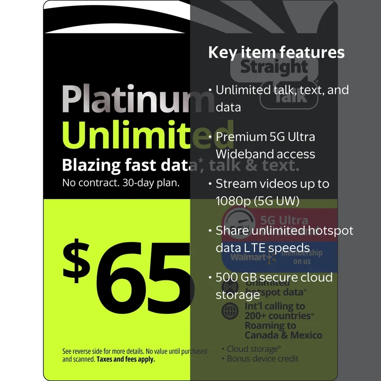Straight Talk $65 Platinum Unlimited 30-Day Single Line Prepaid Plan + Unlimited Hotspot data + Int'l Calling + Cloud Storage e-PIN Top Up (Email ...