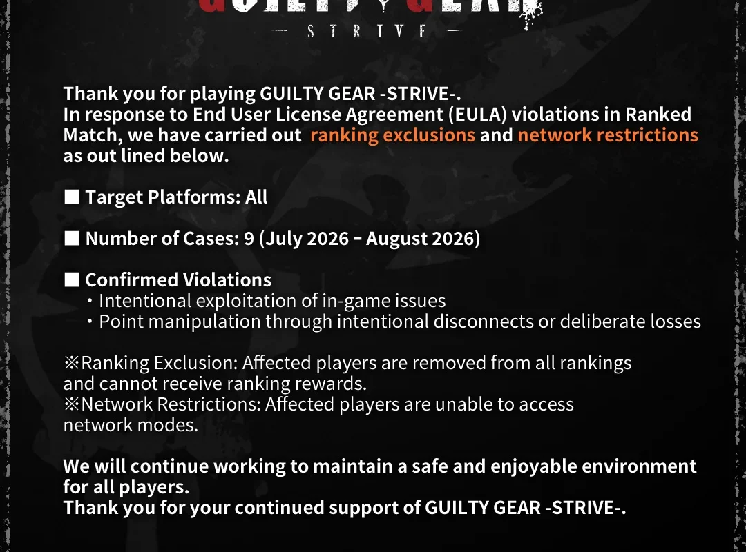 GUILTY GEAR OFFICIAL on X: "[Notice] To help maintain a safe and enjoyable environment in GUILTY GEAR -STRIVE-, we have taken action, following investigation, against players found to have committed EULA violations