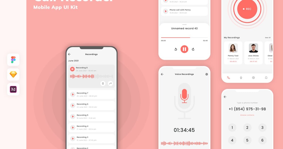 Call Recorder Mobile App UI Kit, UX and UI Kits ft. call & recording compatible with Sketch, Figma, Adobe XD - Envato