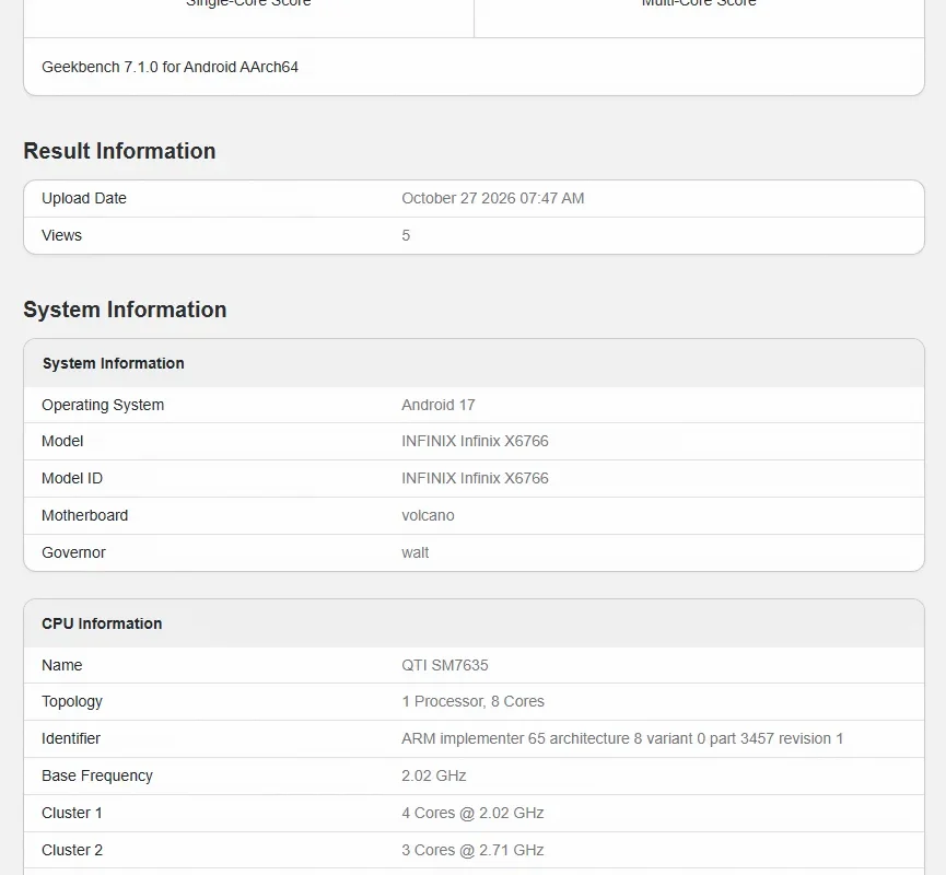 Anvin on X: "Infinix Note 70 Pro (X6766) spotted on Geekbench - Snapdragon SM7635 chip, but does not look like 7s Gen 3 / 7s Gen 4 >> 1 cores @ 2.96
